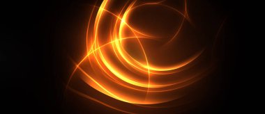 Soyut turuncu çizgiler koyu arkaplanda dönüyor. Parlak enerji yayılır ve dinamik görsel efekt yaratır. Yumuşak kıvrımlar hareketi, sıcaklığı gösterir..