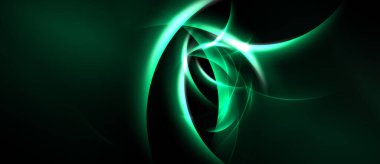 Soyut fraktal tasarım. Parlak yeşil girdaplar koyu renkli arka plan. Zarif kıvrımlar dinamik görsel efekt yaratır. Yumuşak eğimler derinliği artırır.