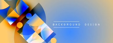 Soyut geometrik şekiller örtüşür, parlak mavi ve turuncu renkler yaratır. Arkaplan ve sunumlar için uygun modern tasarım ögesi.