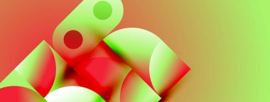 Canlı daireler, kareler, gradyanlar içeren soyut bir kompozisyon. Kırmızı, yeşil renkler tasarımda baskın, dinamik görsel efekt yaratır.