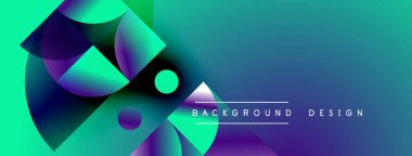 Abstract geometric shapes blend vibrant turquoise, purple hues. Modern design suggests dynamic energy, fluid motion. Background features text elements.