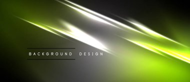 Soyut neon hatları dinamik arkaplan oluşturur. Yeşil, gri, beyaz renkler harmanlanarak modern tasarım elementini oluşturur. Minimalist metin mevcut.