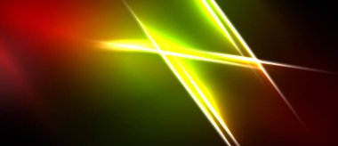 Soyut arkaplan canlı çizgiler, gradyanlar içerir. Kırmızı, turuncu, yeşil, sarı renkler dinamik görsel efekt yaratır. Koyu alanlar parlak çizgilere zıt.