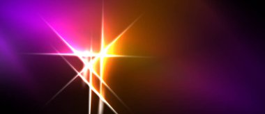 Parlak yıldız patlaması görüntüye hükmediyor. Canlı mor, turuncu renkler karanlığa karışıyor. Işık ışınları dışa doğru yayılır ve dramatik bir etki yaratır..