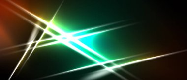 Soyut ışık çizgileri kesişir ve enerjik bir enerji yaratır. Teal, beyaz, turuncu renkler koyu arkaplana hakim. Dinamik bileşim.