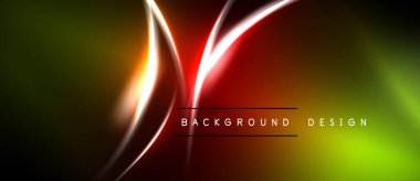 Soyut neon hatları canlı bir gradyan arkaplan oluşturur. Kırmızı parıltı merkeze hükmediyor, yeşil renklere geçiyor. Modern tasarım ögesi.