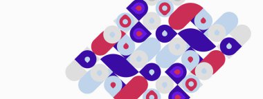 Soyut geometrik desen. Şekiller örtüşüyor, canlı görsel doku oluşturuyor. Renkler arasında mor, pembe, mavi, beyaz. Modern tasarım ögesi.