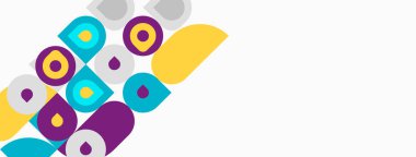 Soyut geometrik şekiller, daireler, kareler, canlı renkler. Kompozisyon sol üst köşeye doğru eğiliyor, beyaz arkaplan baskın.