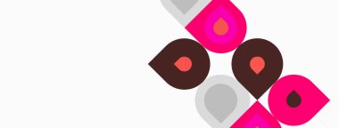 Soyut tasarım damlacık şekillerini tekrarlar. Pembe, gri renkler beyaz arkaplana hakim. Minimalist kompozisyon, modern estetik.