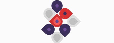 Soyut geometrik desen. Çemberler, kareler kompleks tasarım oluşturur. Mor, gri, kırmızı renkler beyaz arkaplana hakim. Minimalist stil.