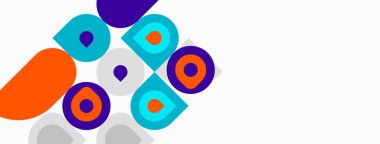 Soyut renkli şekiller örtüşür, dinamik görsel kompozisyon yaratır. Daireler, kareler, canlı renkler dizaynın hakimi..