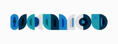 Soyut geometrik şekiller kelime modunu oluşturur. Mavi, deniz mavisi renkleri dizaynın baskın rengidir. Minimalist tarz, temiz çizgiler modern estetik sunar.