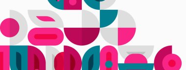 Soyut geometrik şekiller, pembe, deniz mavisi, gri. Üst üste binen formlar dinamik bileşim oluşturur. Minimalist tasarım, modern estetik.