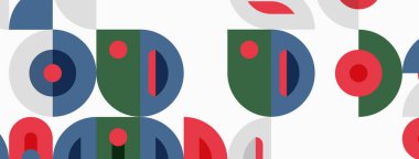 Soyut geometrik desen. Çemberler, yarı daireler, dikdörtgenler aynı renkte dizaynlar. Kırmızı, mavi, yeşil renkler kompozisyona hakim..