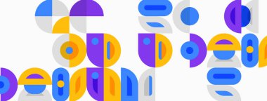 Soyut geometrik şekiller örtüşür, canlı renkli desenler yaratır. Daireler, ovalar, dikdörtgenler kompozisyona hakim. Modern tasarım.