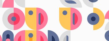 Geometrik şekiller tekrar eder, eğlenceli desenler yaratır. Çemberler, yarı daireler, dikdörtgenler pastel renklerle örtüşüyor. Modern tasarım ögesi.
