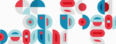 Soyut geometrik desen. Çemberler, yarı daireler, dikdörtgenler çakışır. Kırmızı, mavi, gri renkler beyaz arkaplana hakim. Minimalist tasarım.