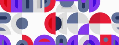 Soyut geometrik desen. Çemberler, yarı daireler, dikdörtgenler aynı renkte dizaynlar. Kırmızı, mor, gri baskın kompozisyon.