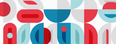 Soyut geometrik desen. Kırmızı, mavi, açık mavi şekiller modern tasarımı oluşturur. Basit formlar tuval boyunca tekrarlanır.