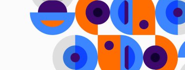 Soyut geometrik şekiller, canlı renkler, neşeli kompozisyon. Çemberler, kavisler, noktalar modern görsel desen oluşturur.