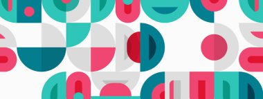 Soyut desenler üst üste binen daireler, yarı daireler. Renkler arasında deniz mavisi, pembe, gri, beyaz. Modern tasarım, basit şekiller eğlenceli dokular yaratır..