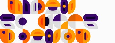 Soyut geometrik şekiller, turuncu, mor renkler. Minimalist tasarım, neşeli kompozisyon, modern estetik. Temiz çizgiler, basit formlar, dengeli yerleşim.