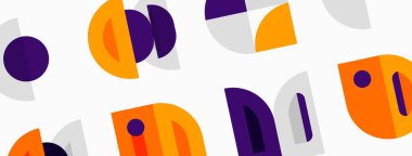 Soyut geometrik şekiller, turuncu, mor, gri. Minimalist desen beyaz arka planda tekrarlanıyor. Modern tasarım elemanları.