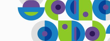 Soyut geometrik şekiller, canlı renkler, modern tasarım. Çemberler, kavisler, üst üste binen formlar eğlenceli desenler oluşturur. Minimalist estetik.