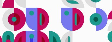 Soyut geometrik desen. Çemberler, yarı daireler, şekiller çakışır ve eğlenceli bir tasarım yaratır. Pembe, mor, gök mavisi renkleri baskın gelir..