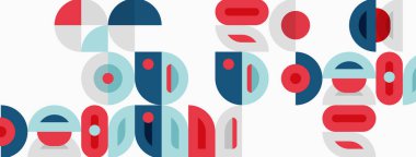 Soyut geometrik şekiller çakışıyor. Kırmızı, mavi, gri tonlar kompozisyona hakim. Minimalist tasarım modern estetik yaratır.