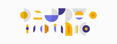 Soyut geometrik şekiller, canlı renkler, minimalist tasarım. Kompozisyonda daireler, dikdörtgenler, çizgiler, kıvrımlar var. Modern estetik.