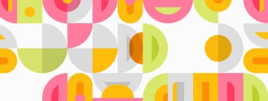 Geometrik desen üst üste binen daireler, daireler. Renkler arasında pembe, turuncu, yeşil, gri var. Arka plan beyaz. Basit, modern tasarım.