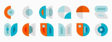 Soyut geometrik şekiller, turuncu gri deniz mavisi. Minimalist tasarım, tekrarlayan kalıplar, düz çizimler. Temiz hatlar, basit formlar, modern estetik..