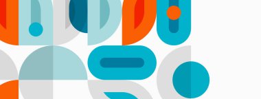 Soyut geometrik şekiller üst üste binerek modern tasarım yaratıyor. Turuncu, deniz mavisi, gri renkler kompozisyona hakim. Minimalist estetik.