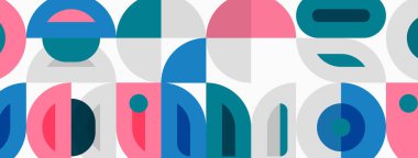 Soyut geometrik desen. Çemberler, dikdörtgenler modern tasarım yaratarak örtüşüyor. Yumuşak pastel renkler kompozisyona hakim.