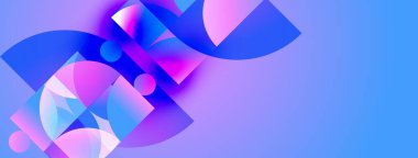 Soyut şekiller canlı mavileri, pembeleri, morları harmanlıyor. Gradyan renkler dinamik kompozisyon oluşturur, modern estetik. Düz eğriler tasarıma hakim olur.