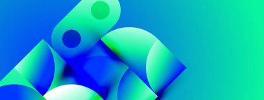 Soyut şekiller canlı mavileri, yeşillikleri harmanlıyor. Gradyan renkler dinamik kompozisyon oluşturur, modern estetik. Yumuşak biçimler akıcılığı, hareketi gösterir..