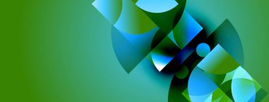 Soyut kompozisyon akışkan şekiller, canlı yeşiller, maviler içerir. Dinamik etkileşim modern görsel deneyim yaratır.