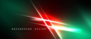 Soyut neon ışıklar dinamik eğimler yaratır. Kırmızı, yeşil, beyaz çizgiler siyah arkaplanda kesişiyor. Modern tasarım ögesi.