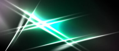 Soyut ışık çizgileri kesişir ve enerjik bir enerji yaratır. Teal, beyaz renkler koyu arkaplana hakim. Modern tasarım ögesi.