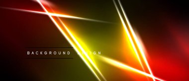 Parlak neon çizgileri, eğimli arkaplan üzerinde geometrik şekiller oluşturur. Canlı renkler dinamik görsel efekt yaratır. Modern tasarım ögesi.