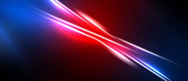 Soyut ışık çizgileri kesişir. Canlı mavi, kırmızı renkler koyu arkaplana hakim. Dinamik enerji merkezi noktadan yayılır.