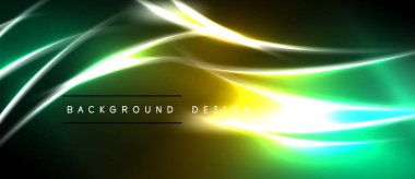 Soyut arkaplan parlak yeşil, sarı ışık çizgilerine sahiptir. Dinamik eğriler modern tasarım yaratır. Koyu alanlar parlak merkezi elementleri çerçeveler.