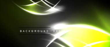 Soyut tasarım parlak çizgiler, kıvrımlar, gradyanlar içerir. Koyu arkaplan parlak sarı ve yeşil elementlerle tezat oluşturuyor. Modern estetik.