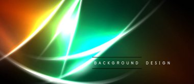 Soyut neon ışıklar enerjik enerji yaratır. Yeşil, turuncu, cyan renkleri harmanlanarak dinamik çizgiler oluşturuyor. Arka planlar için modern tasarım ögesi.