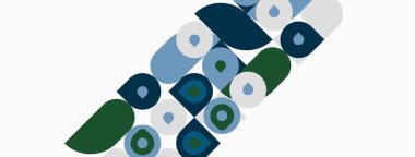 Soyut desenler yuvarlak şekiller, değişik tonlar yeşil, gri, beyaz. Minimalist tasarım modern estetiği çağrıştırıyor. Basit kompozisyon.