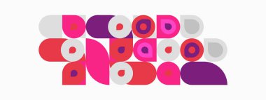 Soyut geometrik şekiller, pembeler, morlar, griler. Üst üste binen daireler, dikdörtgenler oyuncu bir kompozisyon oluşturur. Minimalist tasarım, modern estetik.