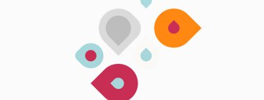 Beyaz arka plana dağılmış renkli damlacıklar. Basit şekiller, modern tasarım, oyuncu estetik. Asgari illüstrasyon.