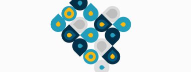 Soyut geometrik desen. Daireler, kareler üst üste binerek dinamik görsel doku oluşturuyor. Renkler mavi, sarı, gri. Minimalist tasarım.