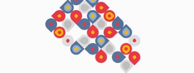 Geometrik şekiller çapraz olarak tekrarlanır. Çemberler, kareler, yarım daireler renkli desenler oluşturur. Minimalist tasarım, düz çizim.